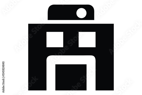 Minimalist black and white building icon representing office architecture and establishment