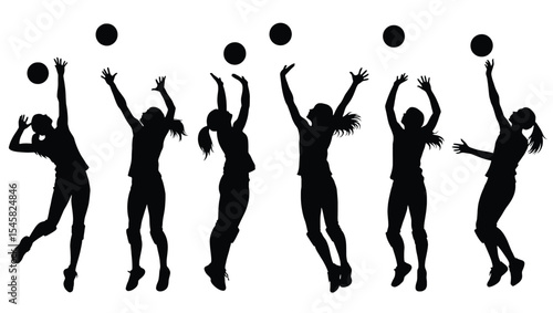 Dynamic Volleyball Players Silhouettes Action Shots, Set, Serve, Spike, Jump, and More