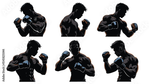Powerful Silhouettes of MMA Fighters Six Dynamic Poses for Design Inspiration