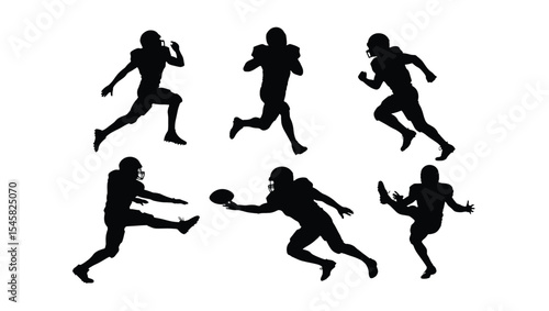 American Football Player Silhouettes Action Poses, Running, Throwing, Kicking - Vector Graphics
