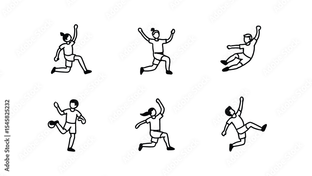 Naklejka premium Collection of Joyful Running and Jumping People Illustrations Line Art Style Vector Graphics