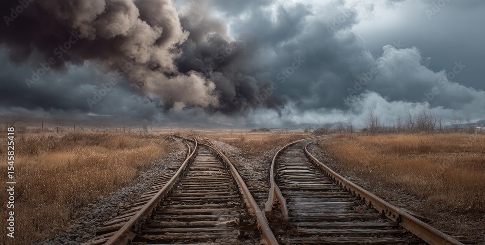 Fototapeta premium Forking train tracks in a desolate, stormy landscape, dark ominous clouds loom overhead