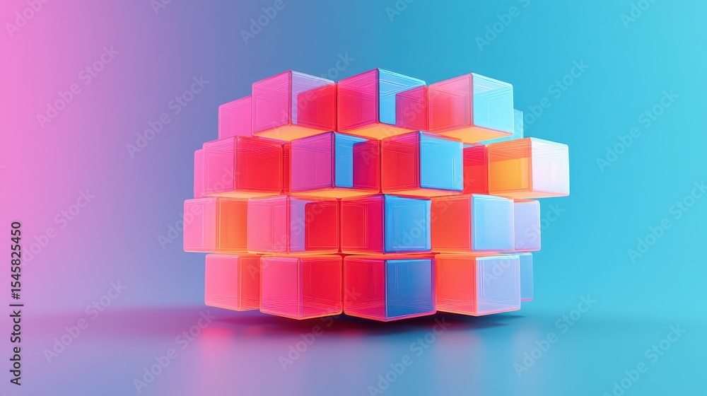 Obraz premium A three‑dimensional abstract geometric cube composed of translucent colorful blocks with glowing neon hues on a smooth gradient background.