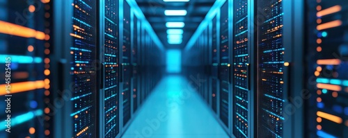 A futuristic data center hallway with rows of illuminated server racks emitting blue and orange lights.