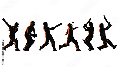 Dynamic Cricket Action Silhouettes of Batsmen, Bowlers, and Wicket-Keepers in Action
