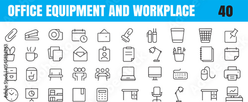 Office Equipment and Workplace Line Icons – Desk, Chair, Laptop, Printer, Document, File Cabinet, Coffee, Phone, coffee mug, landline phone, trash bin, calendar