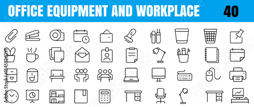 Office Equipment and Workplace Line Icons – Desk, Chair, Laptop, Printer, Document, File Cabinet, Coffee, Phone, coffee mug, landline phone, trash bin, calendar