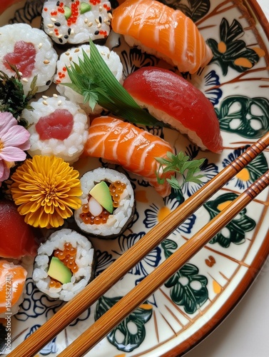 Plate of sushi rolls with chopsticks resting on top. the plate is decorated with a blue and white floral pattern and has a pair of wooden chopsticks on the right side.