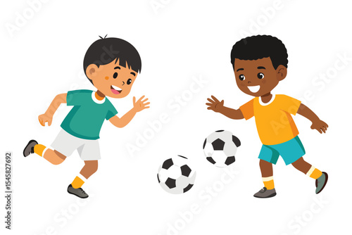 Two boys playing soccer together cartoon illustration