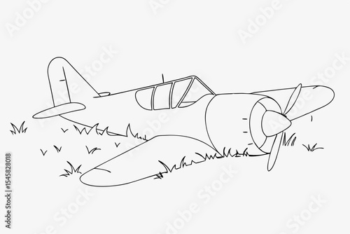 Airplane in grassy field, a line drawing, for safety posters