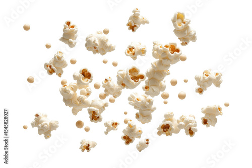 Scattered Popcorn Kernels in Mid-Air Against a Transparent Background Ready for Snacking