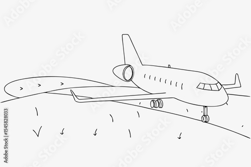 Airplane making emergency landing, illustration, monochrome sketch style, for safety training
