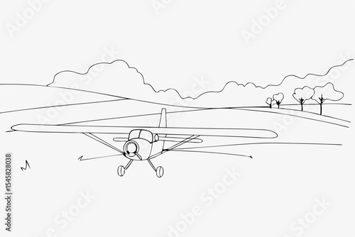Airplane landing on a field, a monochrome sketch, for aviation safety illustrations