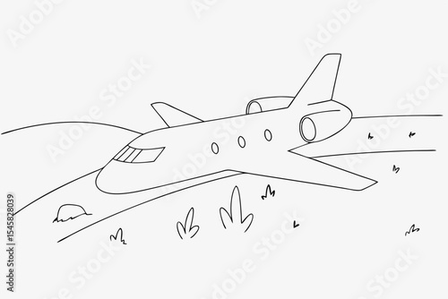 Airplane emergency landing, simple line drawing, monochrome, for safety training