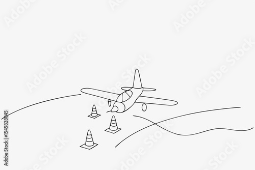Airplane landing, minimalist line art, monochrome, for safety training
