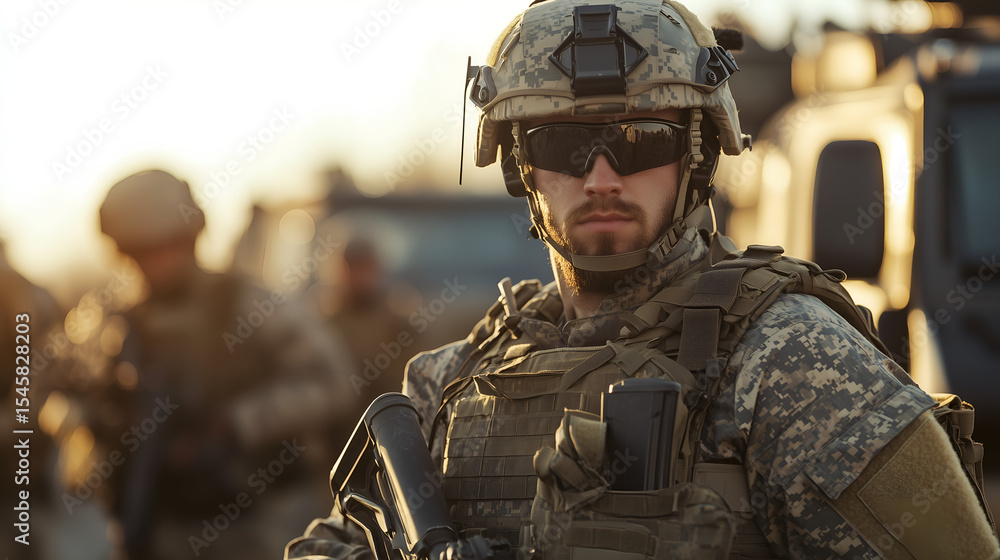 Fototapeta premium Armed Soldier in Full Tactical Gear Standing Vigilant in Front of Military Team and Vehicles – Symbolizing Modern Warfare, Security Operations, and Combat Readiness