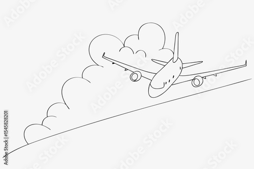 Airplane landing, line art drawing, monochrome, for aviation safety websites