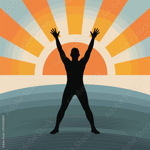 Man Silhouette Arms Raised Sunrise Ocean Background