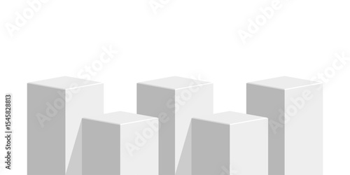 five White cube block podium stage pedestal and platform vector, a minimalist display element. Ideal for product showcases, presentations, awards, exhibitions, and modern design.