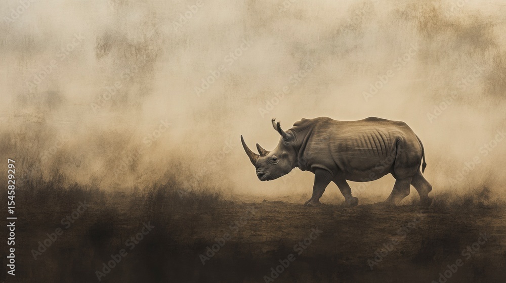 Fototapeta premium White rhinoceros walking slowly across the dusty plains of South Africa