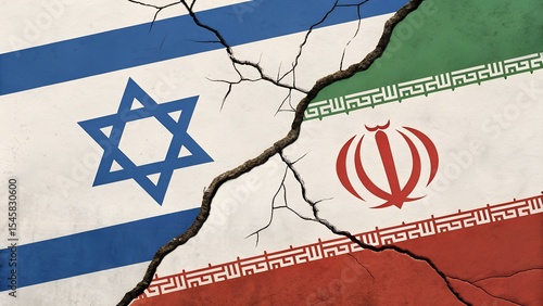 Cracked Wall Between Israel and Iran Flags Representing Deep Political Divide