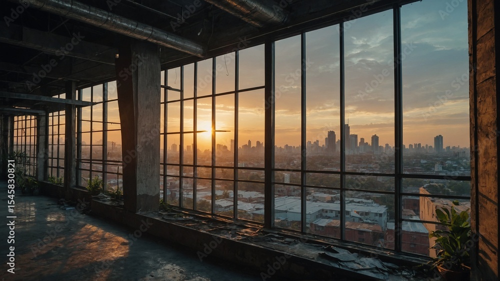 Fototapeta premium Sunrise City View from Industrial Loft Interior