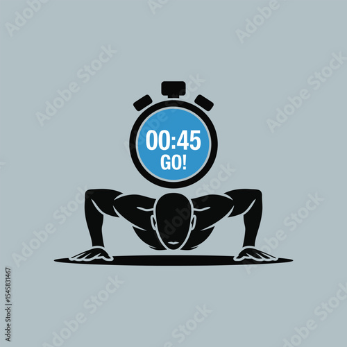 Muscular Man Performing Push Ups Stopwatch 45 Seconds Go