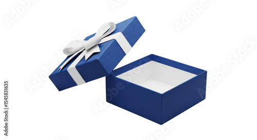 Open blue gift box with white ribbon