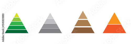 Levels of triangular pyramid. Pyramid infographic set. Half triangle pyramid chart. Maslow layer diagram. Development level infographic. Business graph. Vector business illustration. 