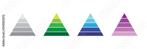 Levels of triangular pyramid. Half triangle pyramid chart. Maslow layer diagram. Development level infographic. Business graph. Vector illustration isolated on white background. 