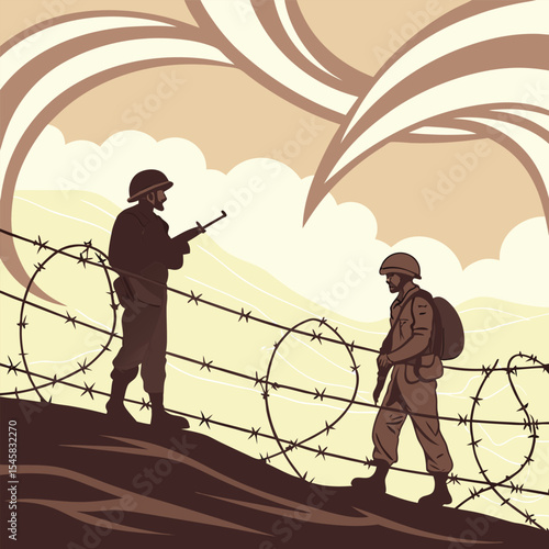 Wartime Encounter Soldiers at a Barbed Wire Fence in a Stylized Illustration