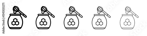 Honey jar with dipper icon thin outline logo mark set