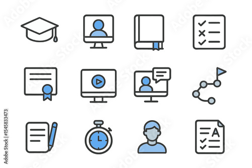 Online education icons set: graduation, certificate, video, profile, book