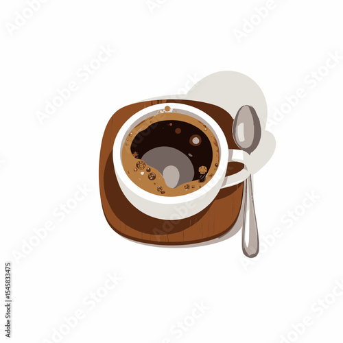 Coffee cup with dark brew on wooden saucer and spoon  