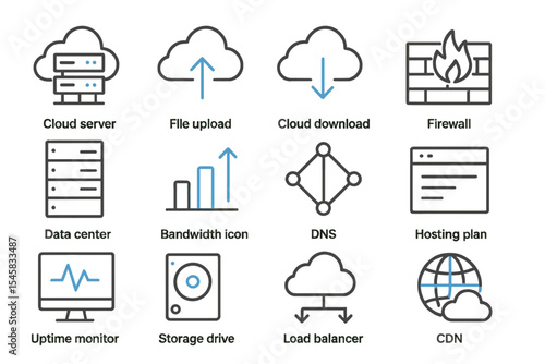 Technology network icons with cloud servers and data center symbols