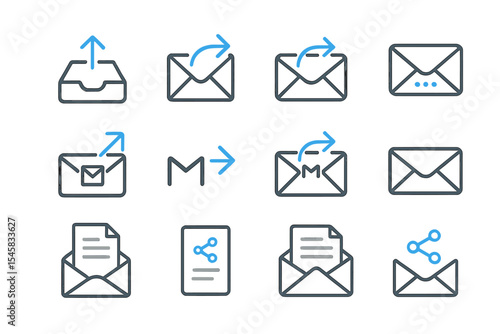 Neon email icons with send, receive, forward, and share symbols on dark background