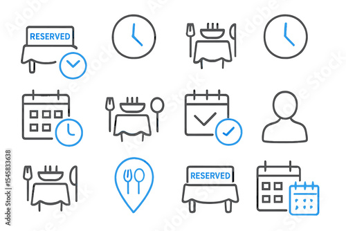 Restaurant reservation icons with clocks and dining symbols on gradient background