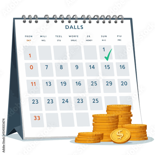 Desk calendar with money coins for financial planning and budgeting  