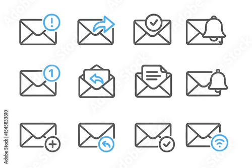 Email icon set with notifications and actions on metallic background