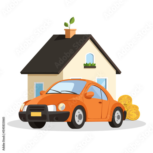 Orange car parked in front of house with money coins nearby  