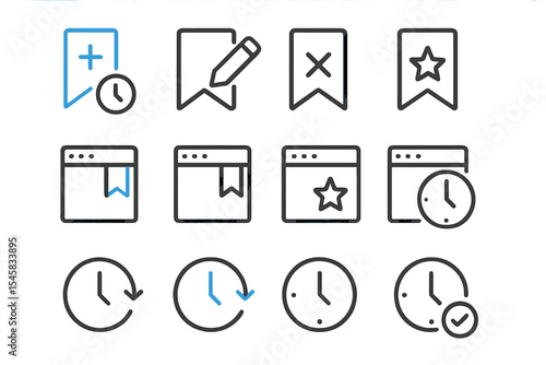 Collection of minimalist bookmark and clock icons with highlighted features