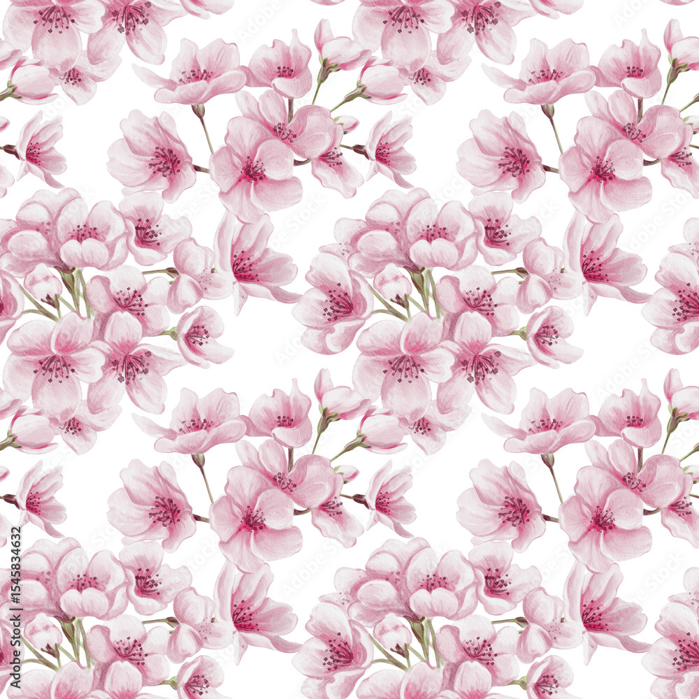 Seamless pattern with pink sakura flowers. Cherry blossom. Small pink buds and petals. Watercolor illustration without background. Hand drawn. Seamless pattern with pink sakura flowers. Cherry blossom. Small pink buds and petals. Watercolor illustration without background. Hand drawn.