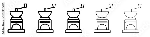 Manual coffee grinder icon thin outline logo mark set