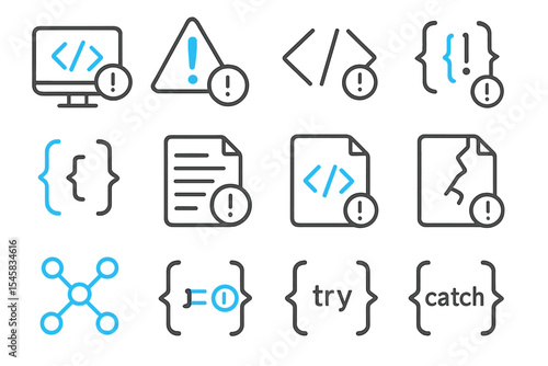 Code warning icons set with bug alert symbols