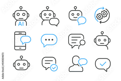 Ai chatbot interface icons with speech bubbles and settings symbols