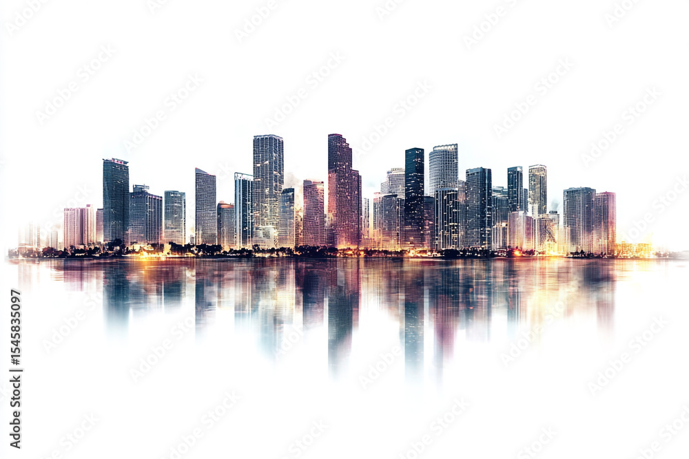 City skyline reflected in calm water at sunset beautiful urban landscape City skyline reflected in calm water at sunset beautiful urban landscape