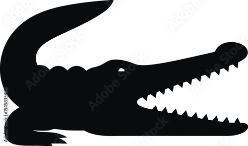 Amphibious Crocodile Silhouette: A Powerful Outline of the Ancient Reptile with Jaws Ajar, Ideal for Depicting Predatory Might and River Ecosystems on White Background.