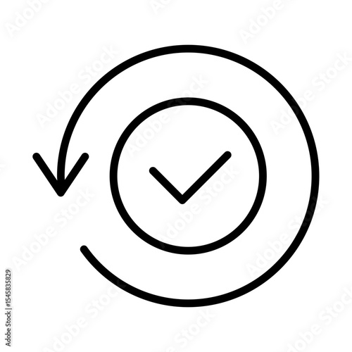 Black round checking process sync approved line icon, turning arrows syncing flat design pictogram vector for app logo ads web webpage button ui ux interface elements isolated on white background