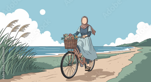Adobe illustrator artwork vector illustration of a Muslim woman in hijab cycling along a scenic beach path with a basket of flowers. Relaxing outdoor activity and nature vector