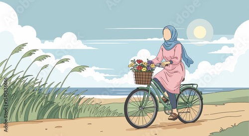 Adobe illustrator artwork vector illustration of a Muslim woman in hijab cycling along a scenic beach path with a basket of flowers. Relaxing outdoor activity and nature vector